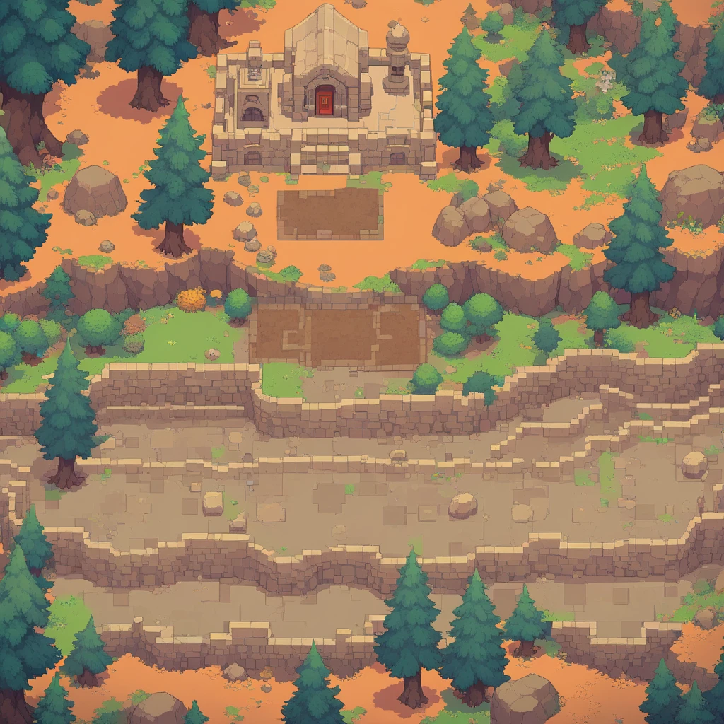 retro video game style,pixelated, vibrant pastel colors,8-bit characters,blocky shapes,sharp lines,detailed shading,classic gaming vibe,nostalgic atmosphere,classic arcade games,masterpiece:1.2,ultra-detailed,illustration style, 2d texture, stone texture, 4 k seamless mud texture, video game texture, dirt texture, tileset, game tiles, grass, trees, rock texture, detailed trees, topdown view, game texture, game art, tileable texture, very detailed cliff texture, intricate stones, top down view, 3/4th perspective