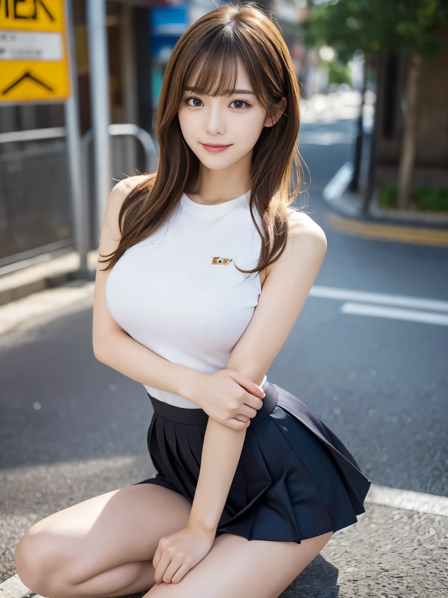 (Detailed skin:1.2),(Shiny skin:1.1),8K,Highest quality, masterpiece, Ultra-high resolution,(Realistic:1.4), RAW Photos,(Soft saturation:1.3),(Fair skin:1.2),Japanese Idols,repair,20 years, Light brown hair, （Long Hairstyles:1.2), Asymmetrical Hair, Asymmetrical bangs (Pretty face:1.4), (Big Breasts, Tight waist), Beautiful lighting, Small Head, (uniform:1.2,),Highly detailed face, Highly detailed lips, fine grain, double eyelid,（Full Body Shot）, Browsing Caution, （Sharp focus: 1.2）, （Perfect Anatomy、Beautiful woman with perfect figure: 1.2）、Random sexy poses，Accentuate your leg lines、Smiling
