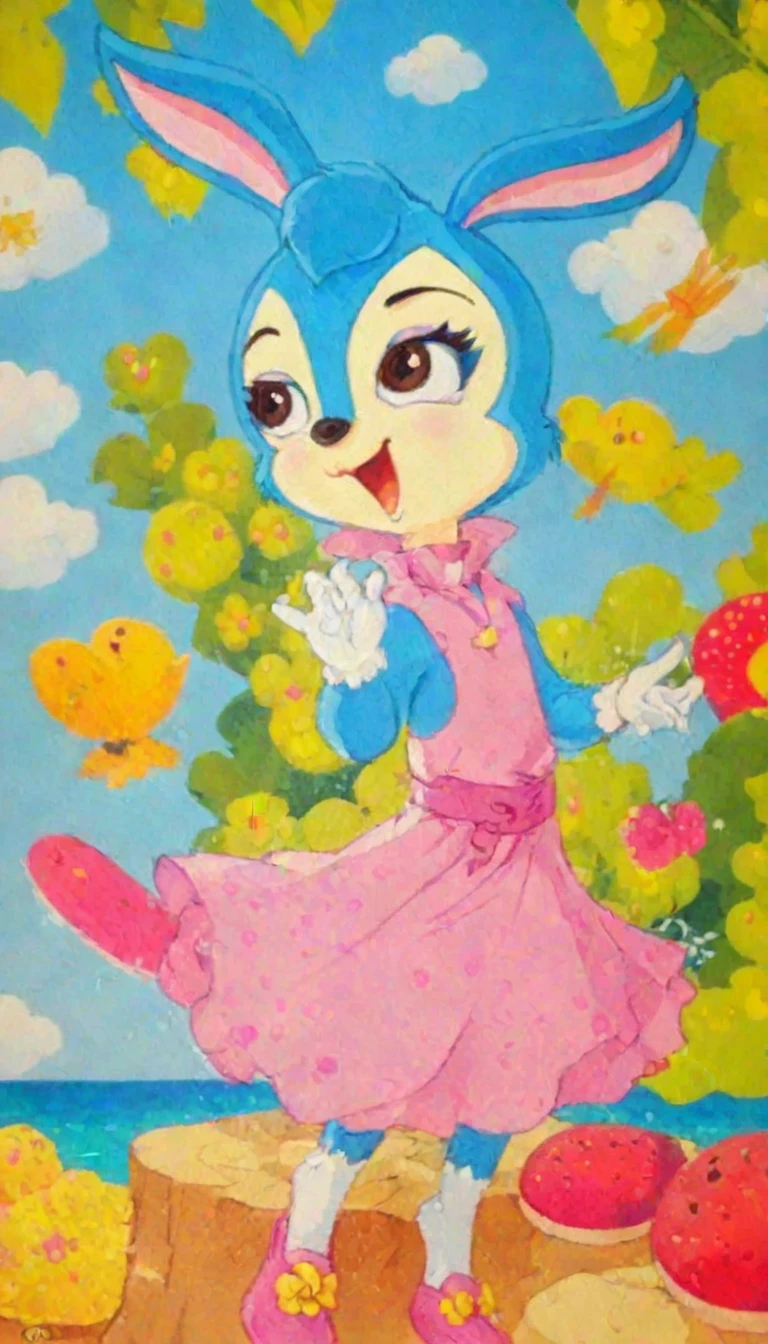 lantu,,masterpiece, best quality,Solitary,Animal ears,open mouth,Rabbit ears,Smile,hairy的,Happy,1 girl,Sexy look,Beach,Pink,dress,,Brown eyes,blush,Gloves,Gloves,hairy,Animal nose,Leg lift,Bunny Girl,Blue fur,Blue Hair,Tail,flat chest,HD,