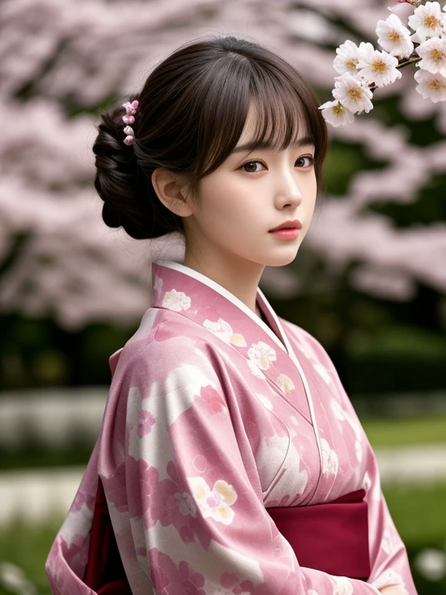 1 Japanese girl, (looking away:1.4), (upper body shot:1.2), Beautifully detailed eyeballs, catchlight in the eyes, Realistic digital painting of a woman portrait, Shy, Cute, open mouth to say something, sad, brown eyes, (half updo,:1.1), (light brown brunette hair:1.3), (Highly detailed skin:1.2), Mystical style, Global Illumination, Traditional Japanese floral printed Kimono, A silk kimono with a deep red base. A garden with many blooming Cherry blossom trees