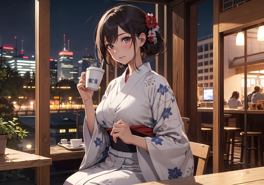 ((Highest quality)), ((masterpiece)), (detailed), One girl, yukata, Drink coffee, night,indoor, Perfect Fingers, Large Breasts