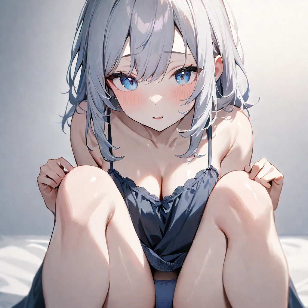 1girl,pale hair,Crevice,Cleavage,sideboob,pallid,pale colors,pale eyes,masterpiece,best quality,very aesthetic,absurdres,blue eyes,nightgown,apart,(Navy blue panties),(lift),(knees up),Black pupil,shiny hair,shiny skin,