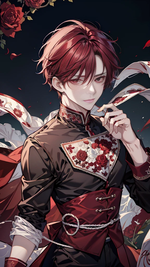 (Absurdres, Highres, Ultra Detailed, HDR)
Best quality picture of a detailed character with handsome looks, short unruly red hair, white eyes without pupils, grinning face, strong physique. Beautiful hands
Intricate and detailed outfit made of flowing silk.,
Detailed garden background, burgundy roses, dark elegant
Art kenouji
Tim Burton theme.
Intricate details.
Masterpiece