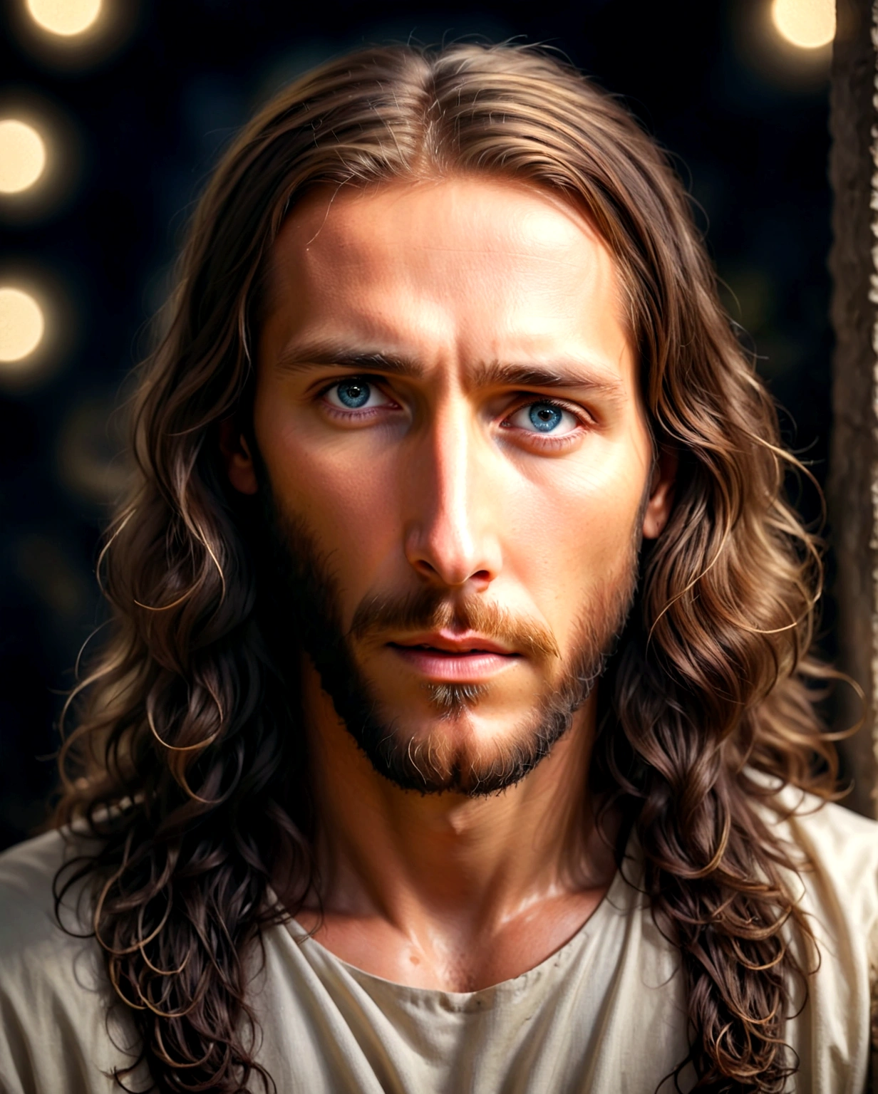 portrait of jesus christ, modern, cinematic lighting, depth of field, bokeh, realism, photorealistic, hyperrealism, professional photography, uhd, dslr, hdr