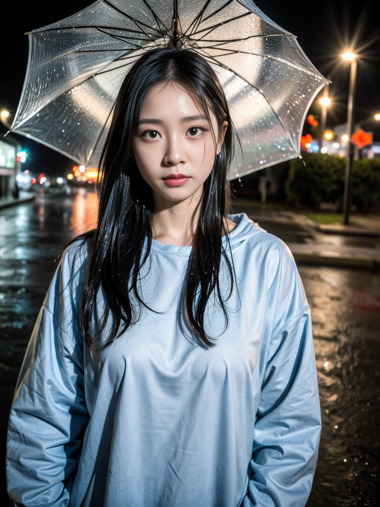 (a girl in wet clothes,rainy night,dilapidated in the street),(best quality,highres,ultra-detailed,realistic),(portraits,photography),(cool blue tone),(soft and dim lighting)