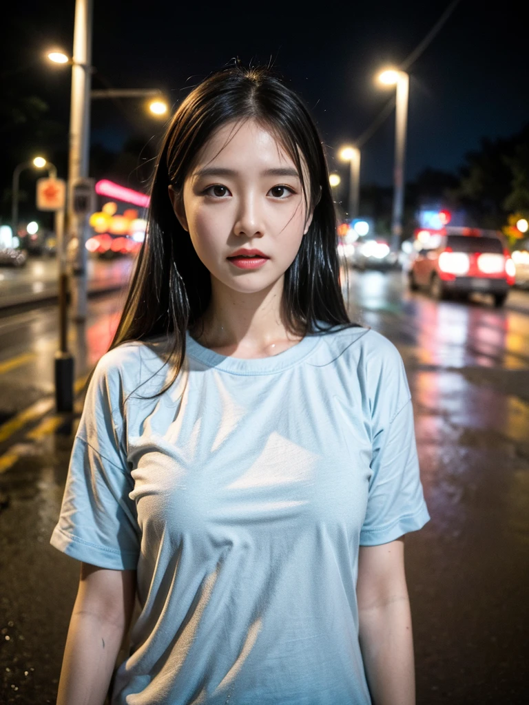 (a girl in wet clothes,rainy night,dilapidated in the street),(best quality,highres,ultra-detailed,realistic),(portraits,photography),(cool blue tone),(soft and dim lighting)