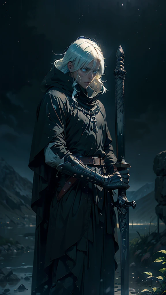 (Best Quality,ultra detailed), artificial raindrops falling, a man standing in the rain, white hair, blue eyes, detailed face(fail),dense ruinscape landscape,majestic and serene nature, shining brightly in the night sky,black medieval outfit, gentle style, drawn black aura sword