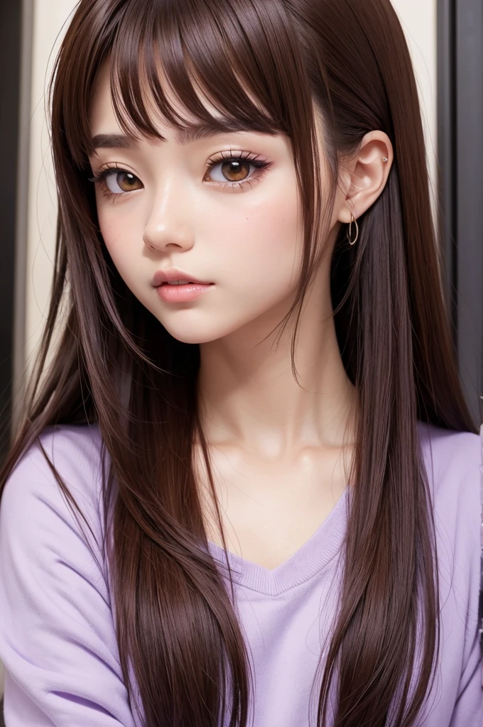 Anime style girl with purple details brown hair , brown skin tone 