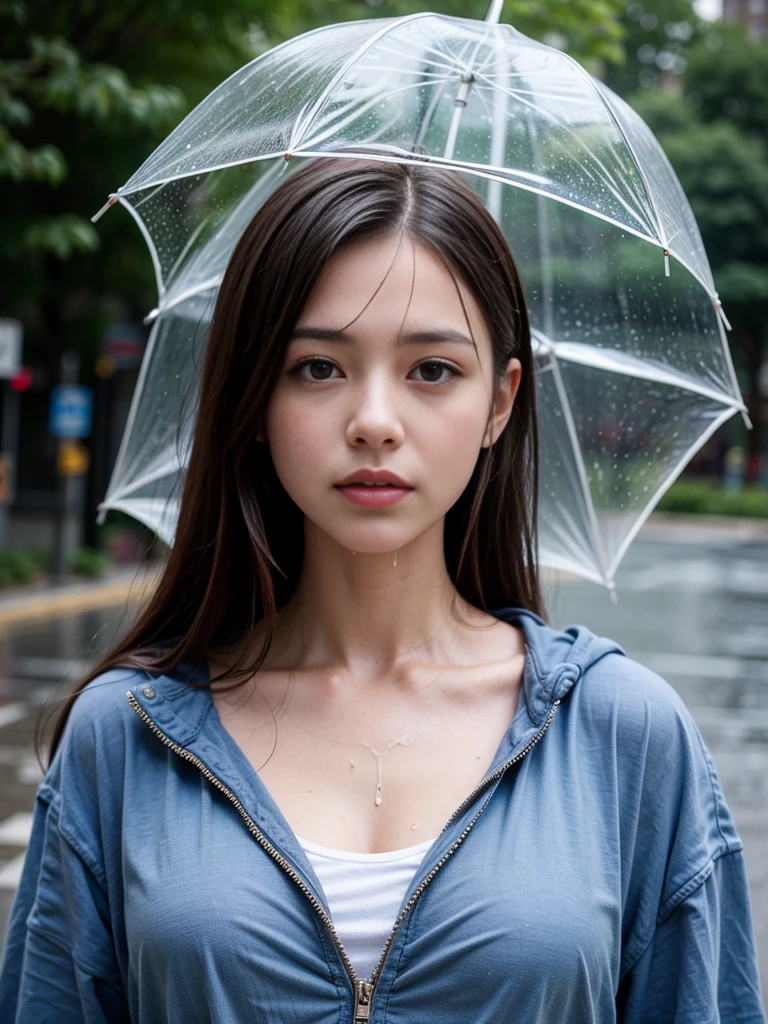 (a girl in wet clothes,rainy night,dilapidated in the street),(best quality,highres,ultra-detailed,realistic),(portraits,photography),(cool blue tone),(soft and dim lighting)