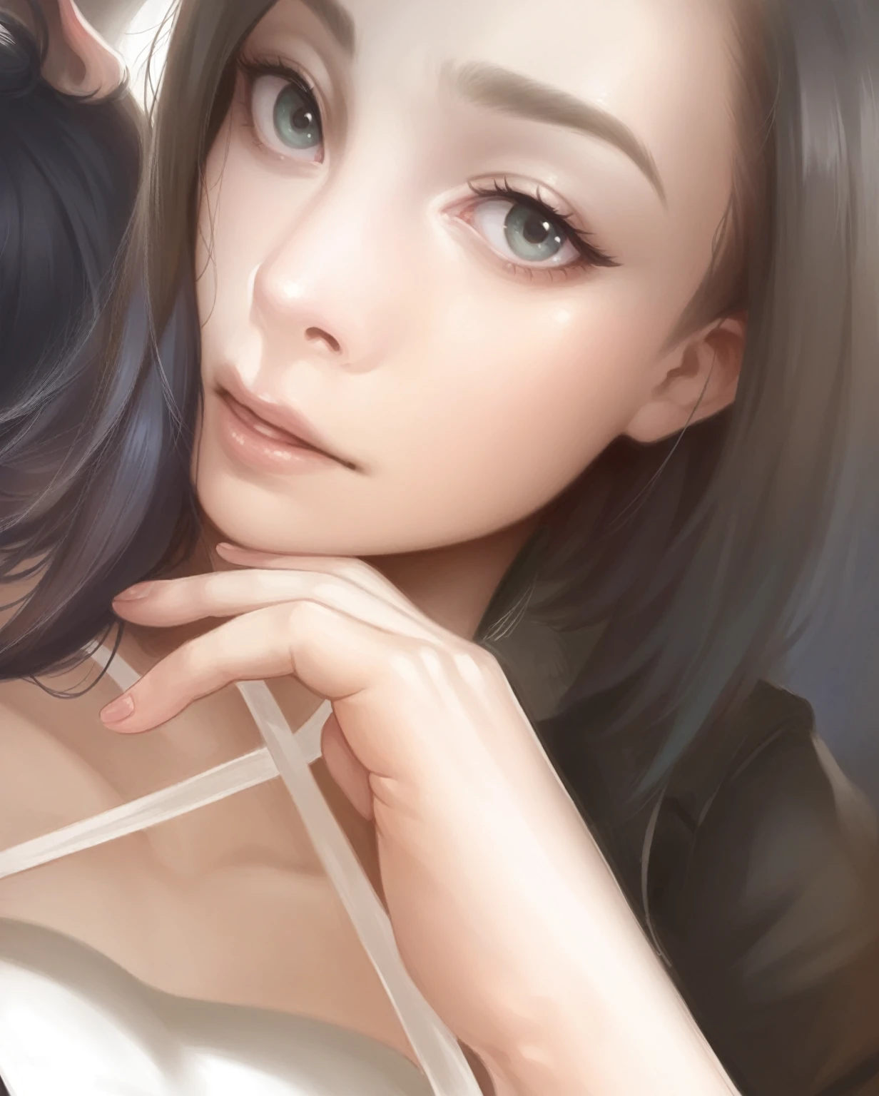 (princess carry:1.5), (masterpiece), (cowboy shot), A realistic photograph of (2 women), she has very short bowl cut hair, she is wearing (luxury black horsehide pants) and (luxury black horsehide jacket), (the woman is satisfied), dark theme, (looking at viewer), in a dark bedroom at night,