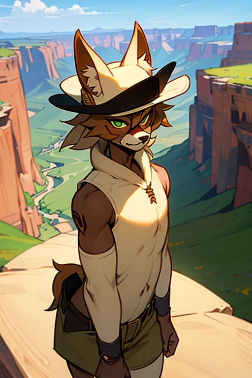 Coyote Cowboy Furry, Tan fur, Green eyes, Canyon