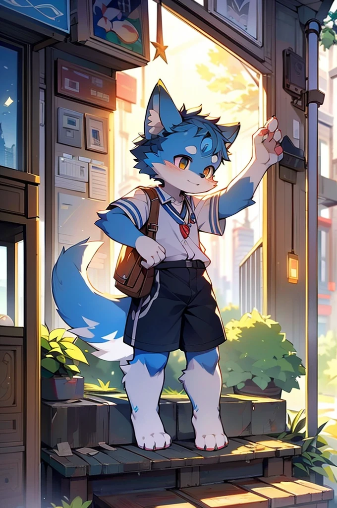 Blue fur, Canine, fox motif, boy, uniform,expensive,One person,Stand up on your own feet,背がexpensive,Cityscape,