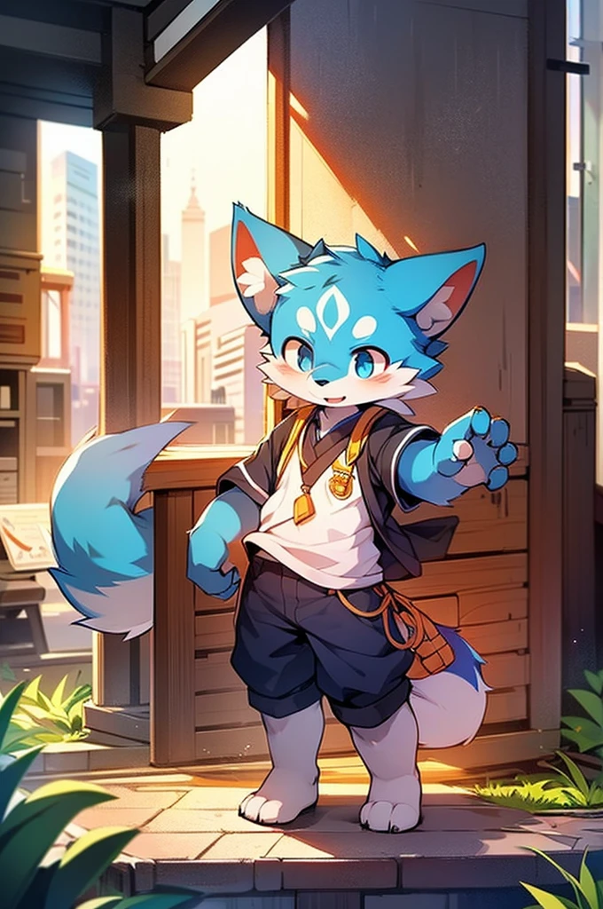 Blue fur, Canine, fox motif, boy, uniform,expensive,One person,Stand up on your own feet,背がexpensive,Cityscape,