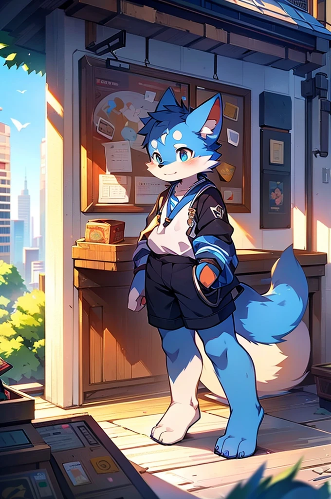 Blue fur, Canine, fox motif, boy, uniform,expensive,One person,Stand up on your own feet,背がexpensive,Cityscape,