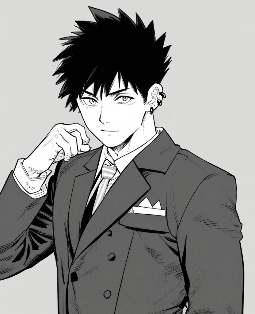 handsome young man standing wearing suit, looking at viewer, ear piercing bangs, black hair, monochrome, manga, black and white, BREAK score_9, score_8_up, score_7_up