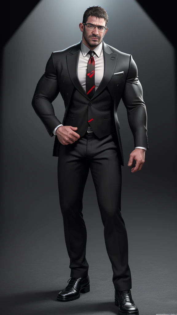 An award-winning original photo，A wild muscular Chris Redfield from Resident Evil 8, (45 years old daddy:1.1), 1boy, Solo, (black suit), (white dress shirt), (red print necktie), (big shoulders), musculature, stubbles, Short beard, squinting eyes under the sunlight:1.3, ), (Detailed face:1.3), wearing glasses, slight smirk, wears no pants and any shoes, wearing black suit socks, very high bulge, black boxer, Dynamic Angle, volumetric lighting, (Best quality, A high resolution, Photorealistic), Cinematic lighting, Masterpiece, RAW photo, Intricate details, hdr, depth of field, full body shot