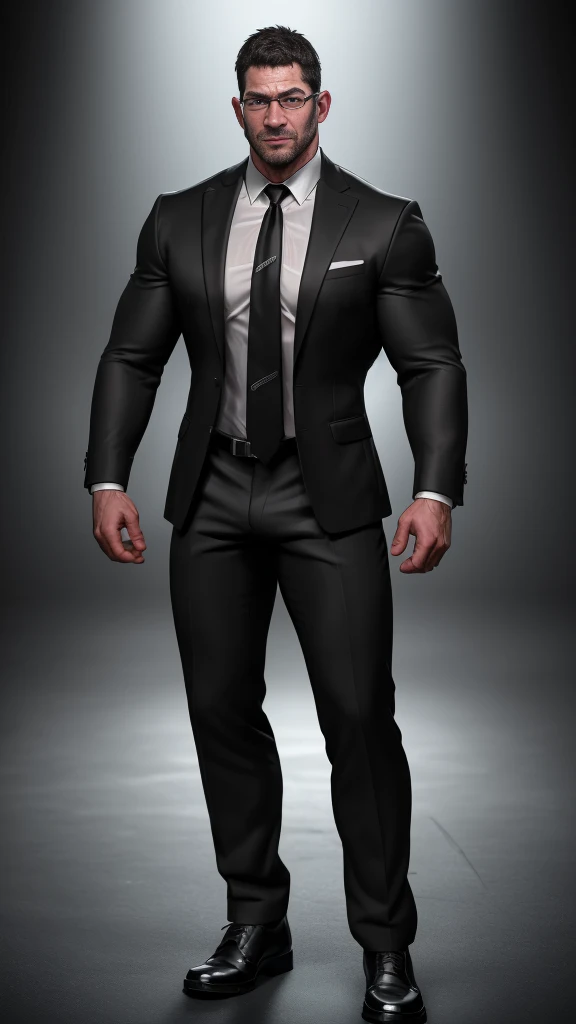 An award-winning original photo，A wild muscular Chris Redfield from Resident Evil 8, (45 years old daddy:1.1), 1boy, Solo, (black suit), (white dress shirt), (red print necktie), (big shoulders), musculature, stubbles, Short beard, squinting eyes under the sunlight:1.3, ), (Detailed face:1.3), wearing glasses, slight smirk, wears no pants and any shoes, wearing black suit socks, very high bulge, black boxer, Dynamic Angle, volumetric lighting, (Best quality, A high resolution, Photorealistic), Cinematic lighting, Masterpiece, RAW photo, Intricate details, hdr, depth of field, full body shot