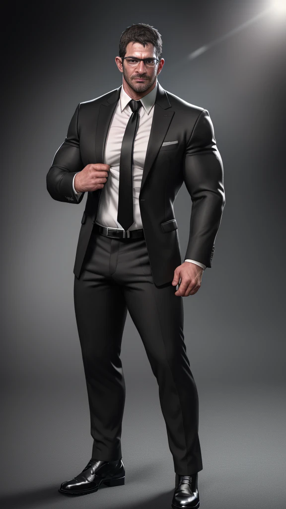 An award-winning original photo,A wild muscular Chris Redfield from Resident Evil 8, (45 years old daddy:1.1), 1boy, Solo, (black suit), (white dress shirt), (red print necktie), (big shoulders), musculature, stubbles, Short beard, squinting eyes under the sunlight:1.3, ), (Detailed face:1.3), wearing glasses, slight smirk, wears no pants and any shoes, wearing black suit socks, very high bulge, black boxer, Dynamic Angle, volumetric lighting, (Best quality, A high resolution, Photorealistic), Cinematic lighting, Masterpiece, RAW photo, Intricate details, hdr, depth of field, full body shot