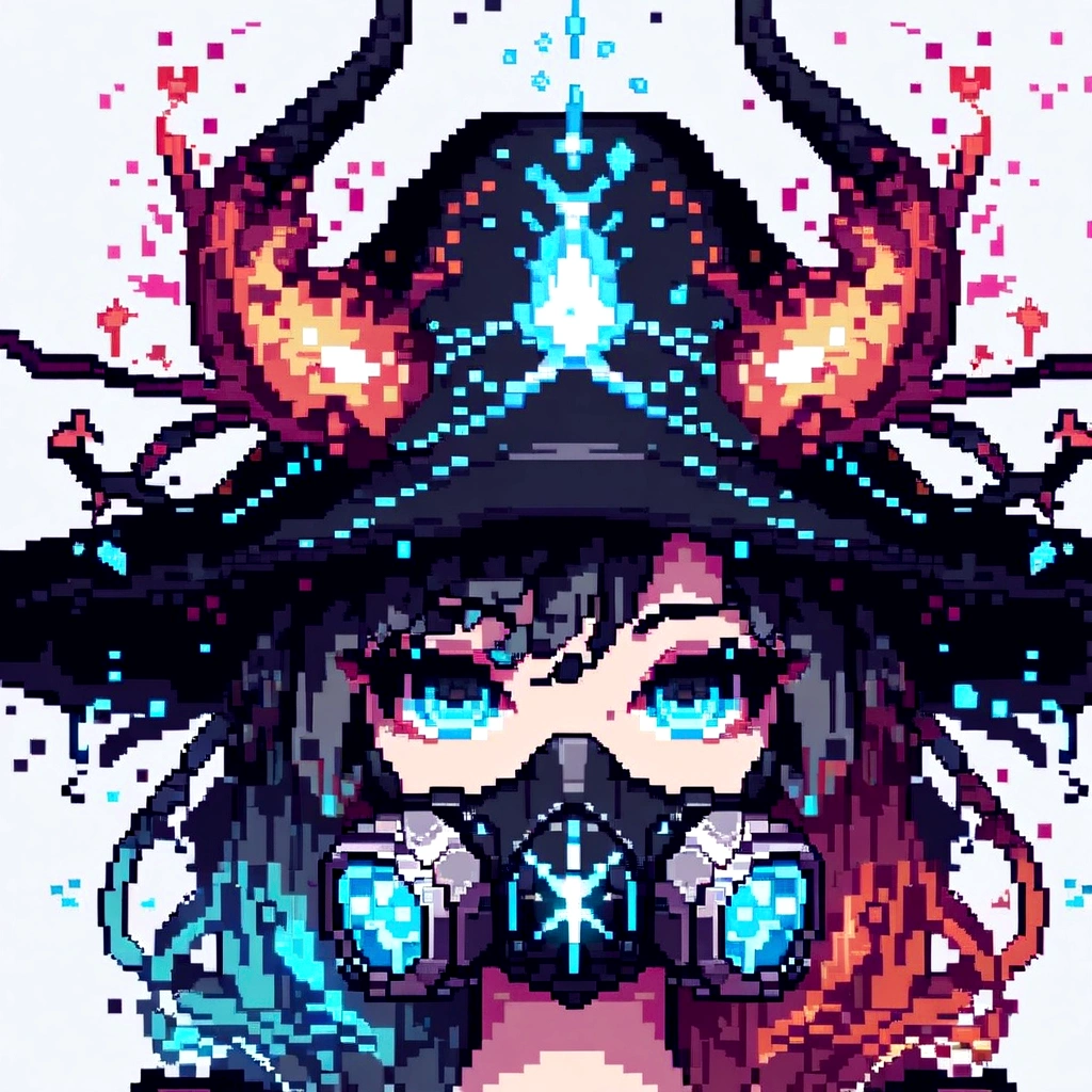 A pixel art closeup of a woman wearing a hat and a gas mask, arcane art style, painted in the arcane style, detailed pixel artwork, symmetric portrait rpg avatar, Cyberpunk pixel art, epic art style, dueling style, darksynth character portrait, holy girl necromancer cyborg, detailed pixel art, Unknown art style