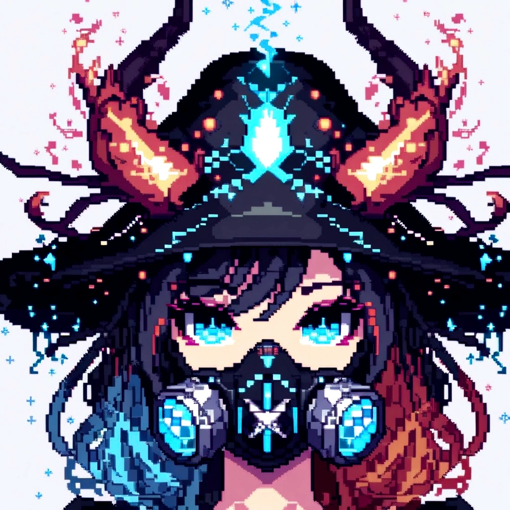 A pixel art closeup of a woman wearing a hat and a gas mask, arcane art style, painted in the arcane style, detailed pixel artwork, symmetric portrait rpg avatar, Cyberpunk pixel art, epic art style, dueling style, darksynth character portrait, holy girl necromancer cyborg, detailed pixel art, Unknown art style
