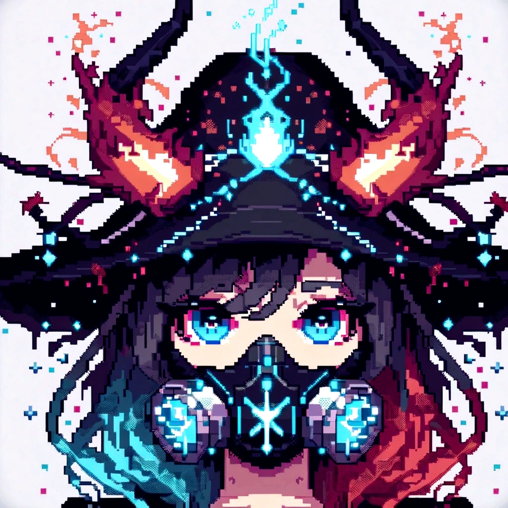A pixel art closeup of a woman wearing a hat and a gas mask, arcane art style, painted in the arcane style, detailed pixel artwork, symmetric portrait rpg avatar, Cyberpunk pixel art, epic art style, dueling style, darksynth character portrait, holy girl necromancer cyborg, detailed pixel art, Unknown art style