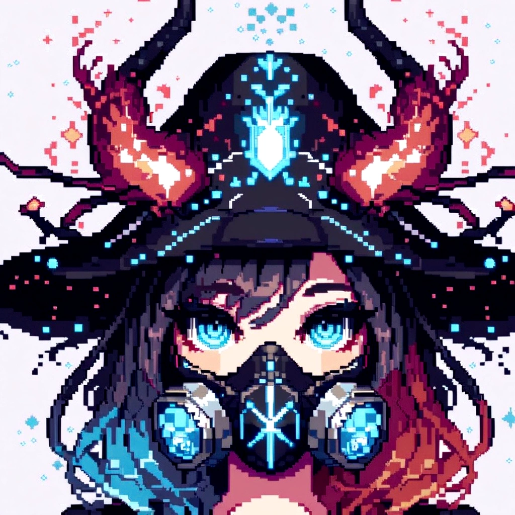 A pixel art closeup of a woman wearing a hat and a gas mask, arcane art style, painted in the arcane style, detailed pixel artwork, symmetric portrait rpg avatar, Cyberpunk pixel art, epic art style, dueling style, darksynth character portrait, holy girl necromancer cyborg, detailed pixel art, Unknown art style