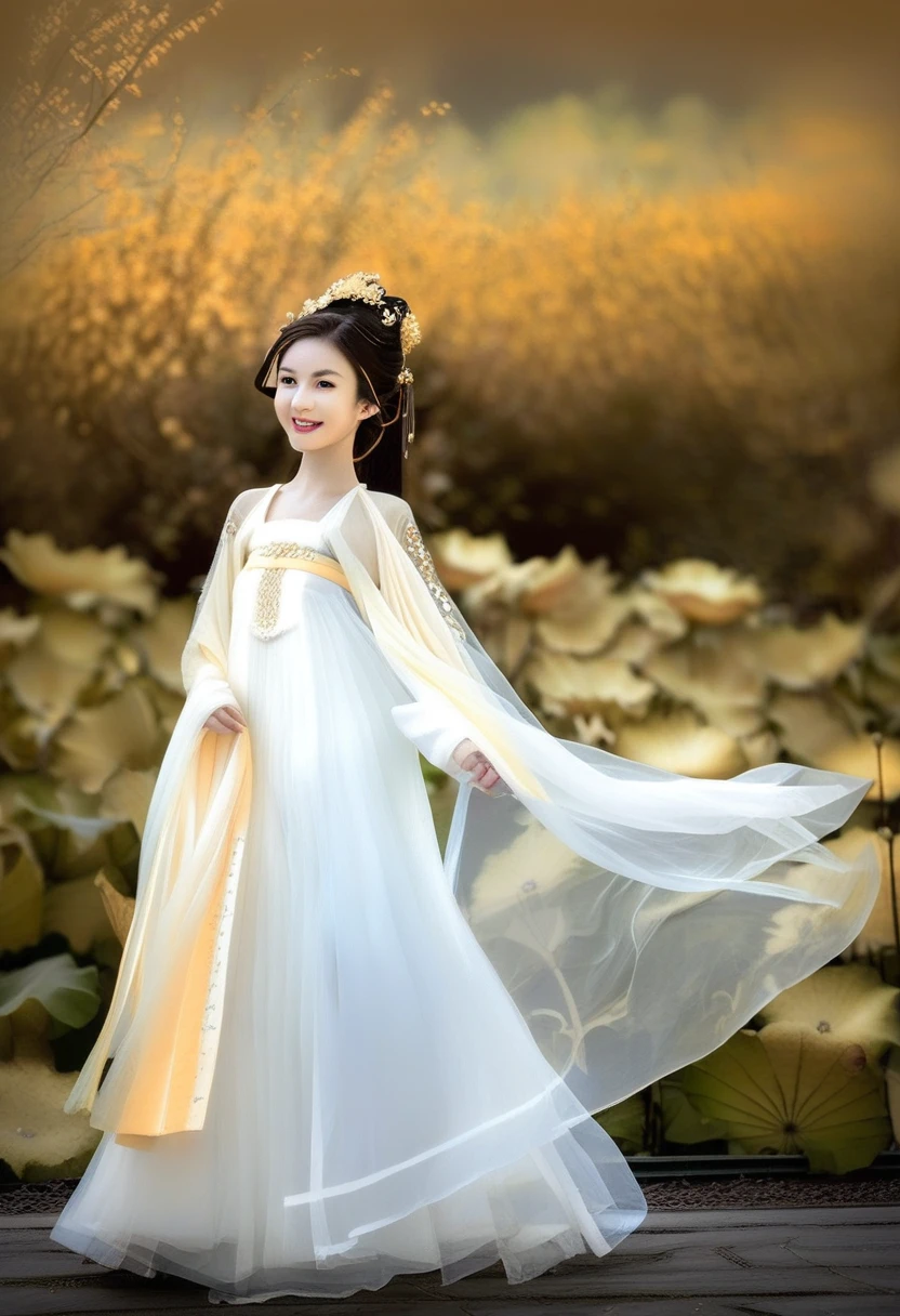 photography,Inspired by Song Huizong,4K
,high details,a 17 yo girl in a white multi -layer transparent and embroidered silk fabric  hanfu,photo by Ren hang,solo,looking at viewer,smiling,elegant,rich colors,dynamic perspective,long hair,hime cut,wavy hair,  palace , beautiful fantasy queen, ethereal beauty, golden ethereal light, (beautiful fantasy queen), ancient chinese princess, ethereal fantasy, hanfu, beautiful rendering of the Tang Dynasty, gilded lotus princess, golden white tulle robe, extremely beautiful and ethereal