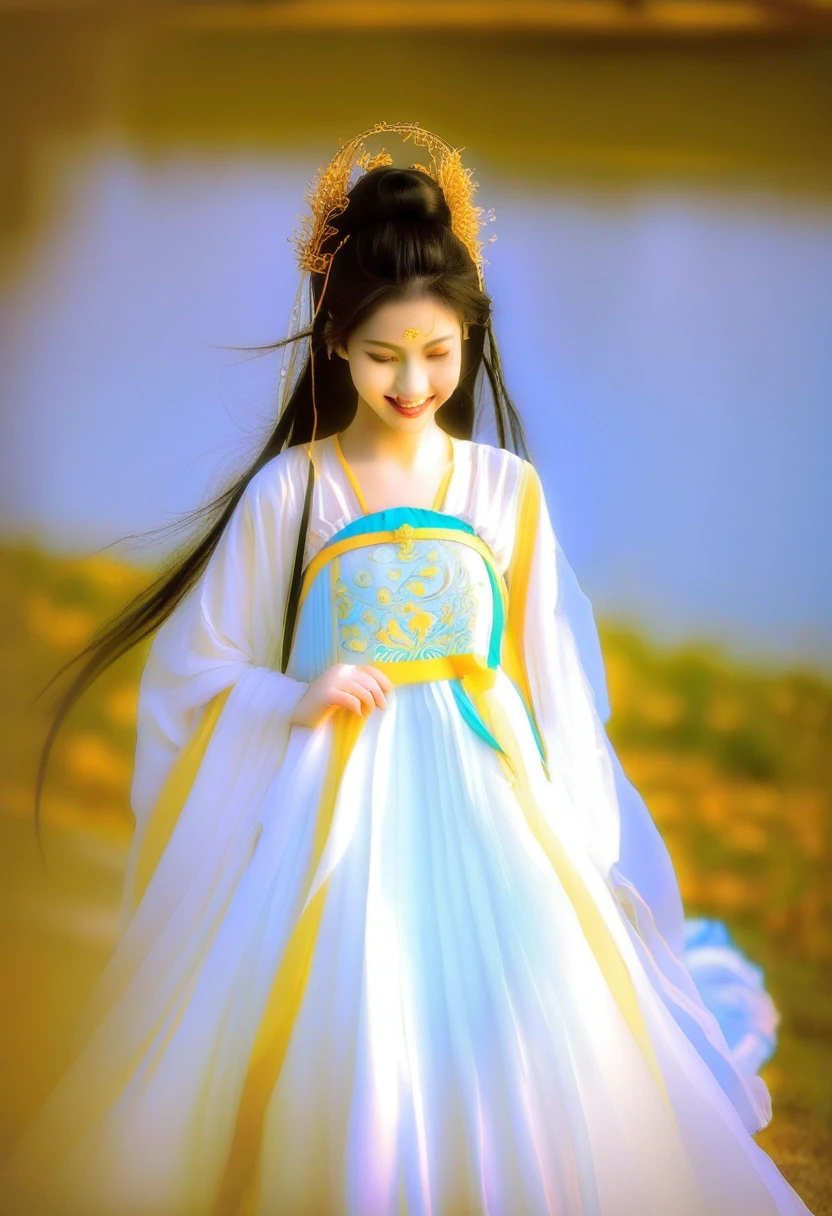 photography,Inspired by Song Huizong,4K
,high details,a 17 yo girl in a white multi -layer transparent and embroidered silk fabric hanfu,photo by Ren hang,solo,looking at viewer,smiling,elegant,rich colors,dynamic perspective,long hair,hime cut,wavy hair, palace , beautiful fantasy queen, ethereal beauty, golden ethereal light, (beautiful fantasy queen), ancient chinese princess, ethereal fantasy, hanfu, beautiful rendering of the Tang Dynasty, gilded lotus princess, golden white tulle robe, extremely beautiful and ethereal