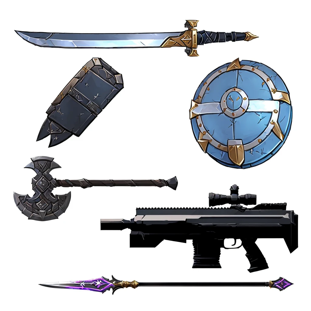 Weapon close-up, shield, Sword on a white background, RPG Game Items, rpg game inventory item, Fantasy RPG Weapon Art, weapons concept art, weaponsコンセプトデザイン, weapons, Weapon Design, weapons and armors, video Game Assets, Lots of weapons, Weapon concept art, Game Assets, makeshift weapons, RPG Items, 2 d Game Assets