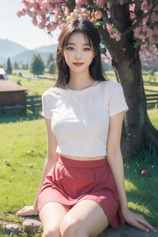 a beautiful Korean girl, 1girl, 20 years girl, long hair, blue eyes, cute expression, beautiful Switzerland houses, green fields, farming lands, river, beautiful bridges, cows, (beautiful timber houses and roads in background), beautiful homes, hair bun, flower on hair, (both-knees-erect sitting on green grass field), (pink beautiful bicycle in background), golden sunlight, detailed face, elegant pose, beautiful scenery, vibrant colors, cinematic lighting, photorealistic, extremely detailed, 8k, (best quality,4k,8k,highres,masterpiece:1.2),ultra-detailed,(realistic,photorealistic,photo-realistic:1.37), beautiful face, realistic face, realistic skin, realistic smile, realistic atmosphere, every thing is realistic, cutest smile, realistic body, realistic body language, mouth watering beauty, bright skin, full body shot, cute face, stylish look, stylish angles, matte red t-shirt with above knee length soft thin fabric Mattie pink skirt, (navel), tempting eyes, (only one apple tree in background and full of apples on that tree), rose flower bunch,