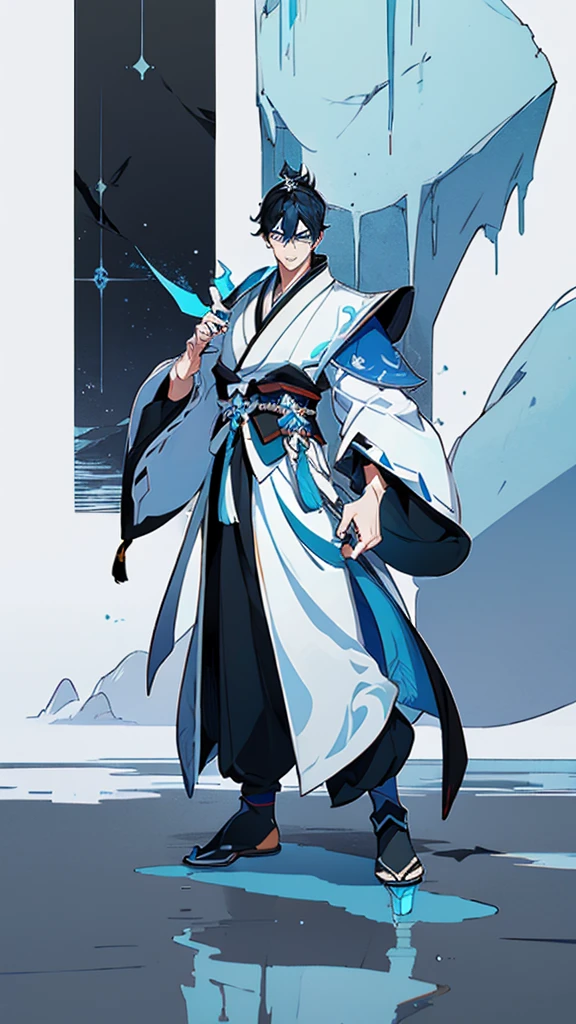 ((Genshin impact style)) (masterpiece), (high quality), (pretty boy face), 1 boy, 16 years, masculine and tall body, white skin, ((medium short black hair)), ((light blue and cold eyes)), Stoic and serious expression, designs from East Asian, Game character costume design, Japanese clothing style with a dark blue, white and black color palette, Japanese hair accessories, ((White background, details of ice element in the background)), ((full body standing up))
