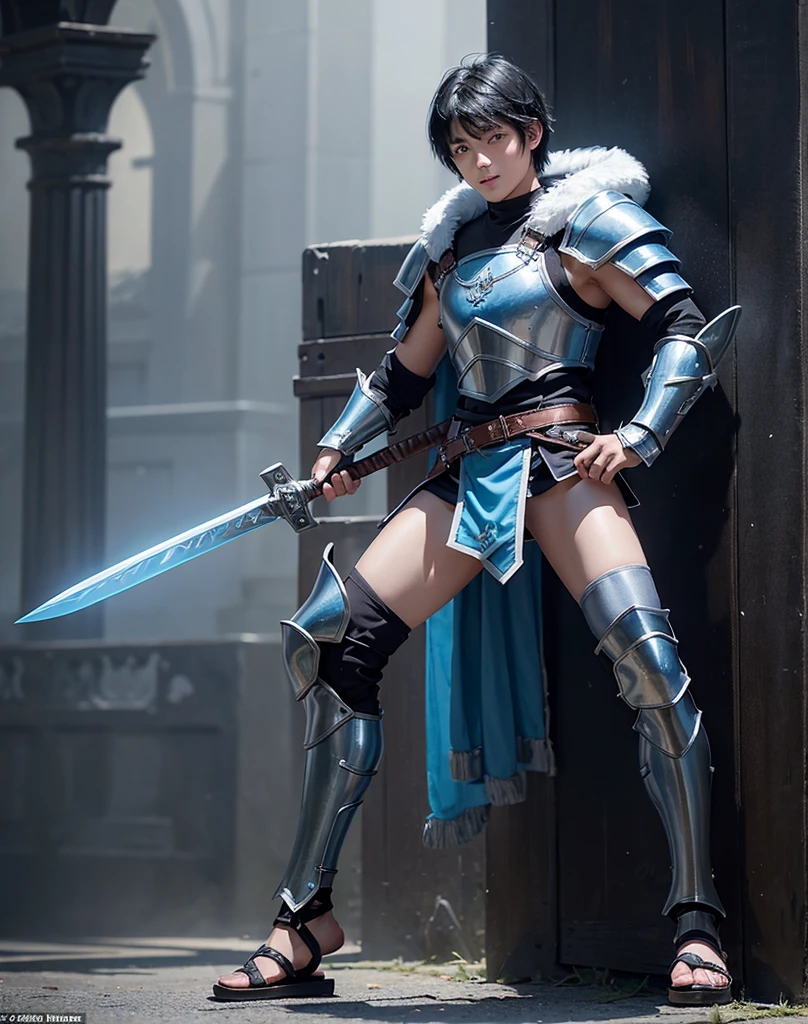 Young 13-year-old boy with black hair and brown eyes, innocent and happy, dressed in short neon-blue medieval barbarian clothes, fur shorts, light-blue battle armor, weilding silver sword and shield, sandals; fullbody; short hair, boyish athletic, sexy,