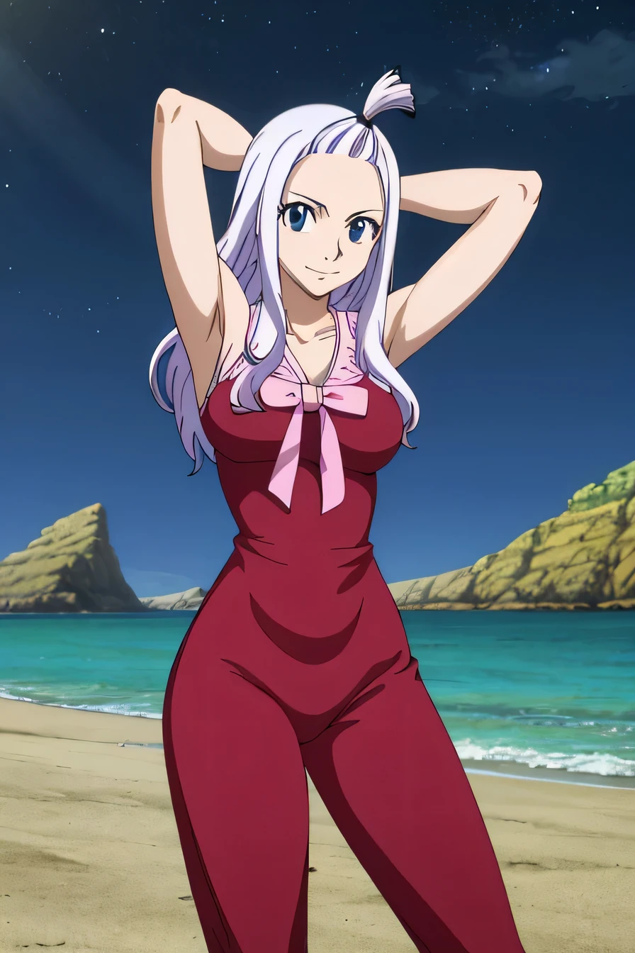 miradef, dress, smile, 1girl, masterpiece, absurdres , cinematic lighting,bust shot,extremely detailed CG unity 8k wallpaper, cowboy shot, high quality, solo, night sky, beach, arms behind head, contrapposto, closed mouth, spread armpits, (cowboy shot:1.5), looking at viewer, smile, best quality,