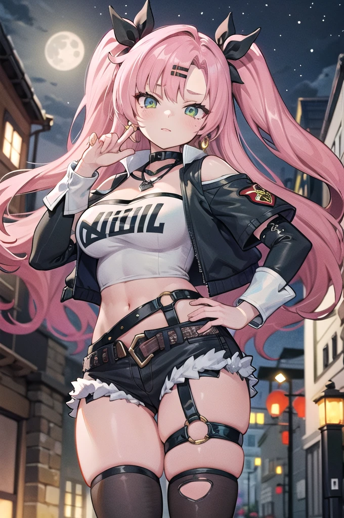 masterpiece, best quality, ultra-detailed, extremely detailed,illustration, 1girl, nicole demara, hair ribbon, hairclip, earrings, black collar, tube top, single thighhigh, short shorts, cropped jacket, belt, thigh strap, detached sleeves, doll, standing, hand on hip, cowboy shot, night street, moon 