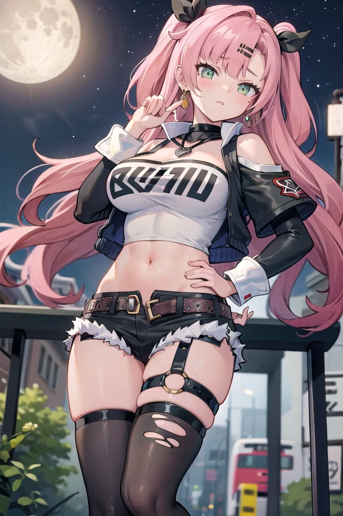 masterpiece, best quality, ultra-detailed, extremely detailed,illustration, 1girl, nicole demara, hair ribbon, hairclip, earrings, black collar, tube top, single thighhigh, short shorts, cropped jacket, belt, thigh strap, detached sleeves, doll, standing, hand on hip, cowboy shot, night street, moon 
