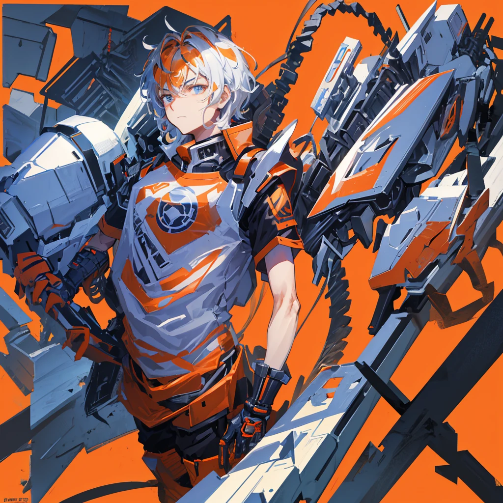 Close-up of a man holding a giant gun, Mecha Art, Krenz Kushat and Lin Wenjun, Alexander Ferra Meha, Krenz Kushat and Artyom Demura, Cool mech style, Modern mecha animation, zoids art, War Mech Battle, Greg Rutkoski and Krentz Kushat，((Solid orange background))