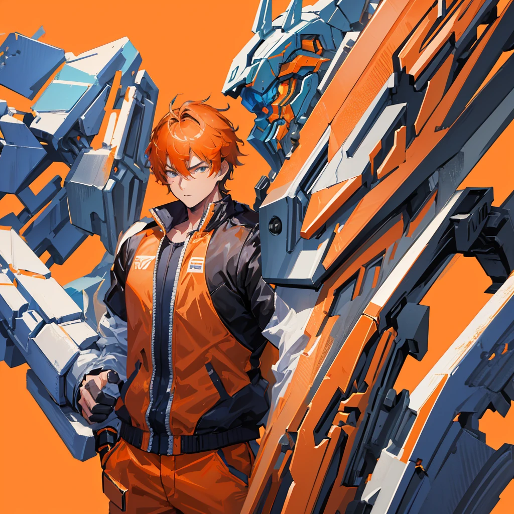Close-up of a man holding a giant gun, Mecha Art, Krenz Kushat and Lin Wenjun, Alexander Ferra Meha, Krenz Kushat and Artyom Demura, Cool mech style, Modern mecha animation, zoids art, War Mech Battle, Greg Rutkoski and Krentz Kushat,((Solid orange background))