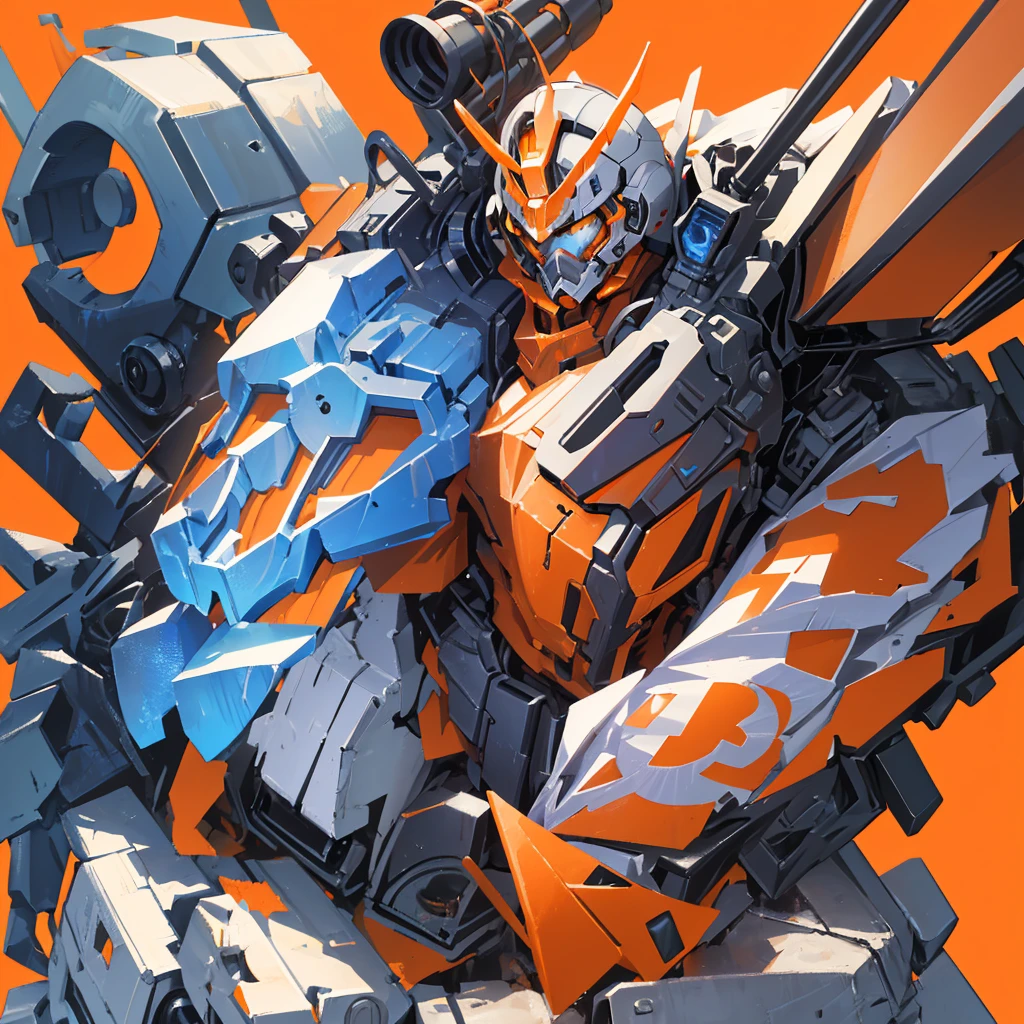 Close-up of a man holding a giant gun, Mecha Art, Krenz Kushat and Lin Wenjun, Alexander Ferra Meha, Krenz Kushat and Artyom Demura, Cool mech style, Modern mecha animation, zoids art, War Mech Battle, Greg Rutkoski and Krentz Kushat，((Solid orange background))