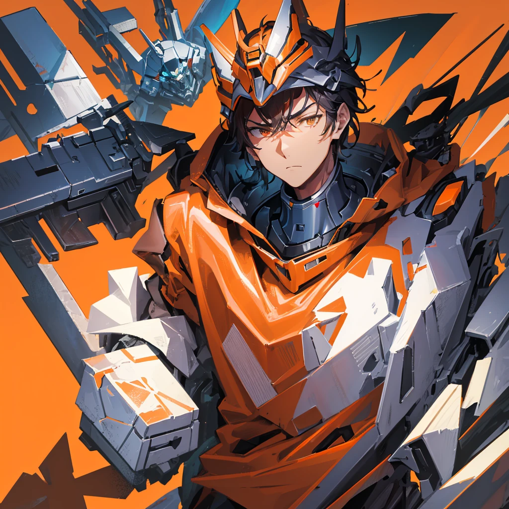 Close-up of a man holding a giant gun, Mecha Art, Krenz Kushat and Lin Wenjun, Alexander Ferra Meha, Krenz Kushat and Artyom Demura, Cool mech style, Modern mecha animation, zoids art, War Mech Battle, Greg Rutkoski and Krentz Kushat，((Solid orange background))