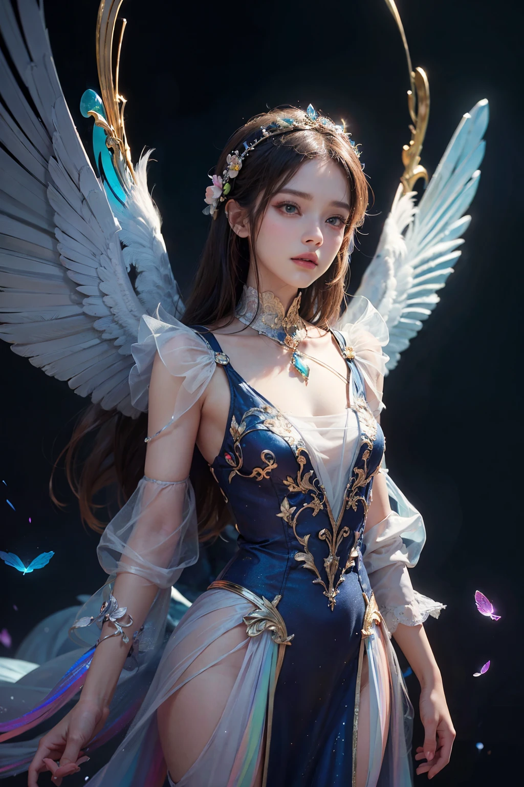 (((masterpiece))), (((best quality))), ((ultra-detailed)),(highly detailed CG illustration), ((an extremely delicate and beautiful)),cinematic light, Create a stunning fantasy artwork that mimics the style of currently trending masters of the genre. The art piece should contain elements of both mythic fantasy and fairytale fantasy with dreamy rainbow accents. ((Utilize the rainbow as the main color scheme.)) The character in the artwork is a delicate but strong  figure with an aura of mystery and magic and (beautiful translucent rainbow wings). Pay close attention to intricate facial features, such as mesmerizing eyes with vibrant colors and bold shading. The character's clothing should be designed with gossamer feathers, silk, stunning embroidery, and subtle iridescent details. Incorporate (((translucent rainbows))), dreamy colors, dynamic lighting, and detailed background elements to create a sense of awe and immersion. Include colorful flying magical birds and jewel-toned rainbow butterflies radiating a magical aura. Consider the latest trends in fantasy art, such as incorporating unique lighting effects, exploring dynamic and compelling composition techniques, and experimenting with unique color palettes. Take inspiration from the top artists on ArtStation and Midjourney. camera: Choose an angle that highlights the character's beauty and enhances the magical majesty of the artwork. Lighting: Utilize atmospheric lighting techniques to create depth and mood. Resolution: Aim for a high-resolution artwork to showcase intricate details and clarity. Art Inspirations: Seek inspiration from the trending artists on ArtStation, exploring different styles, genres, and themes.,A simple background,The main girl is super beautiful,Are thin,Slim figure,Small Bust,Beautiful long and slender eyes,Korean Beautiful Girl,Genius Ballerina,Angel&#39;s messenger beautiful girl,Slim figure,