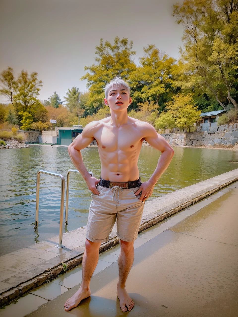 masculine male, masterpiece, ((perfect eyeest quality, (semirealism:1.9), beautiful lighting, (extremely detailed CG unity 4k fhd wallpaper), High Detail, Sharp focus, dramatic outdoors, 1 boy ,19 years old, white hair, light purpel eyes, smile.