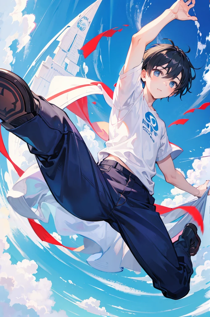 A boy jumps from the sky, stretching his body