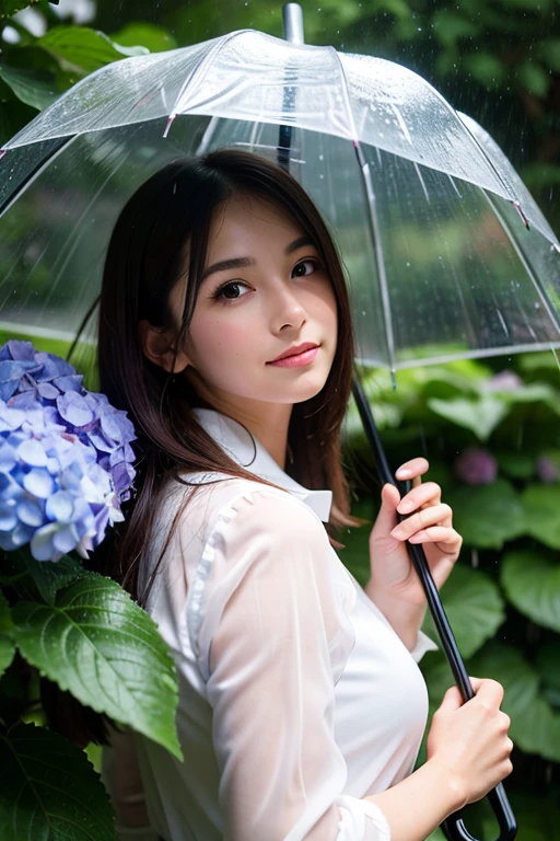 ((Highest quality)), ((masterpiece)), (detailed), One girl,Person with an Umbrella,Hydrangea wet with rain