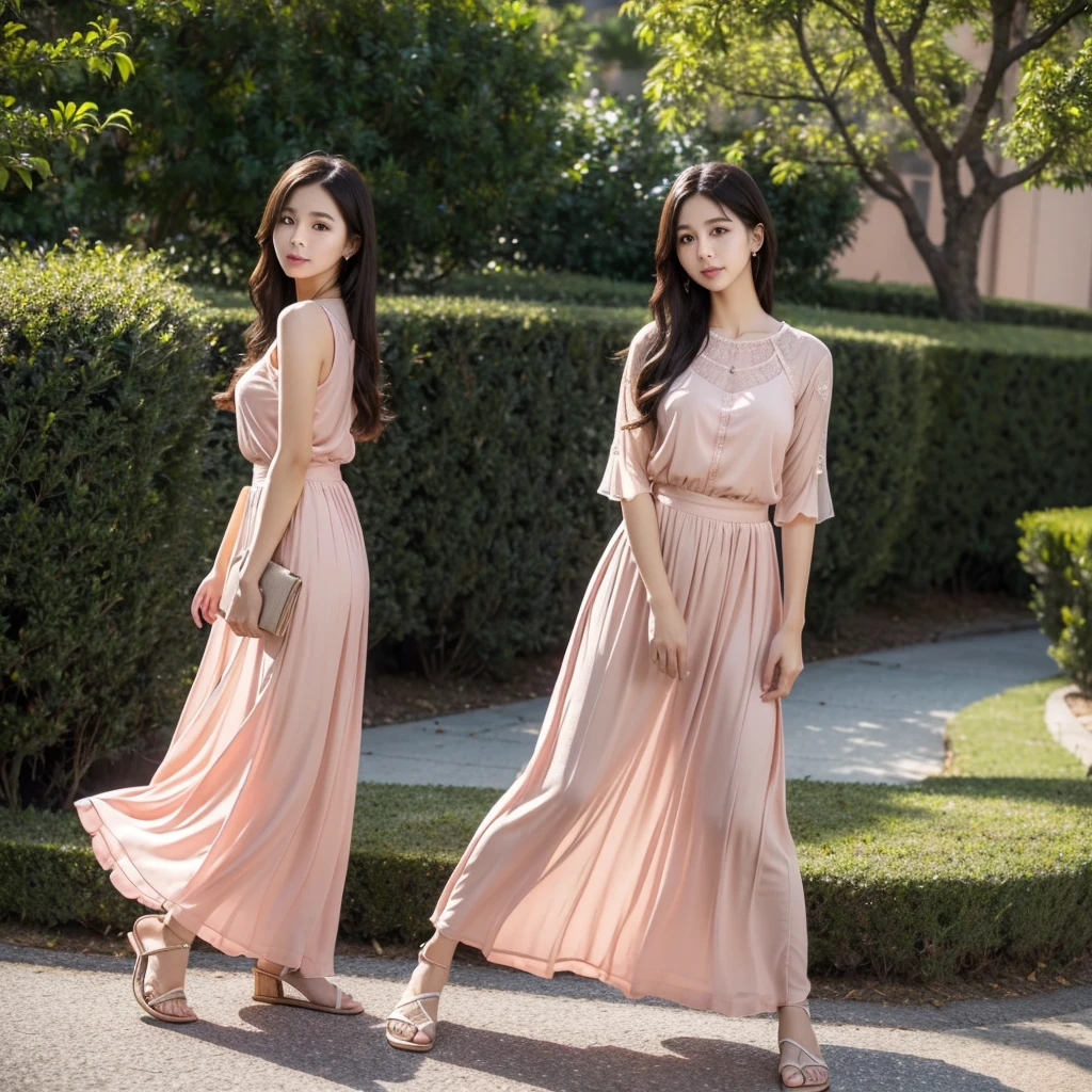 Salmon pink maxi skirt  、Sheer blouse、(Highest quality)、((Very detailed))、4K、(8K)、masterpiece、Very detailedな、Highest quality、Super Resolution、One person、Kind Face、Soft Light、RAW quality、Soft Skin、Sandals、163cm、squirt:2