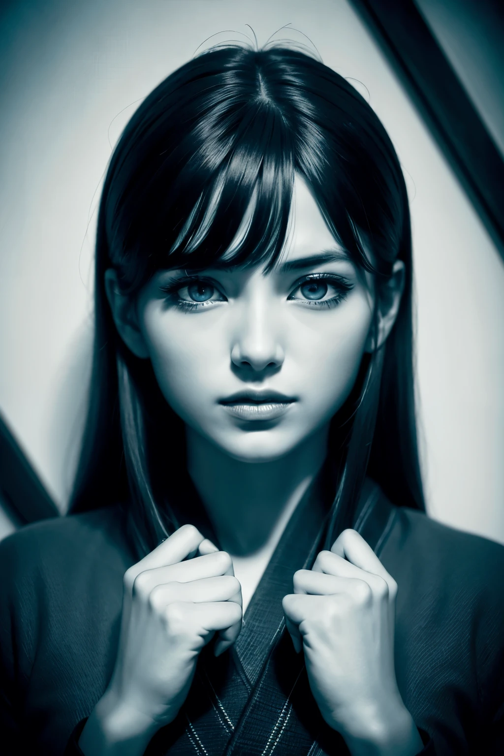 ((best qualityer)), ((work of art)), (detailded), blue eye jujutsu style, blinking, black andwhite 