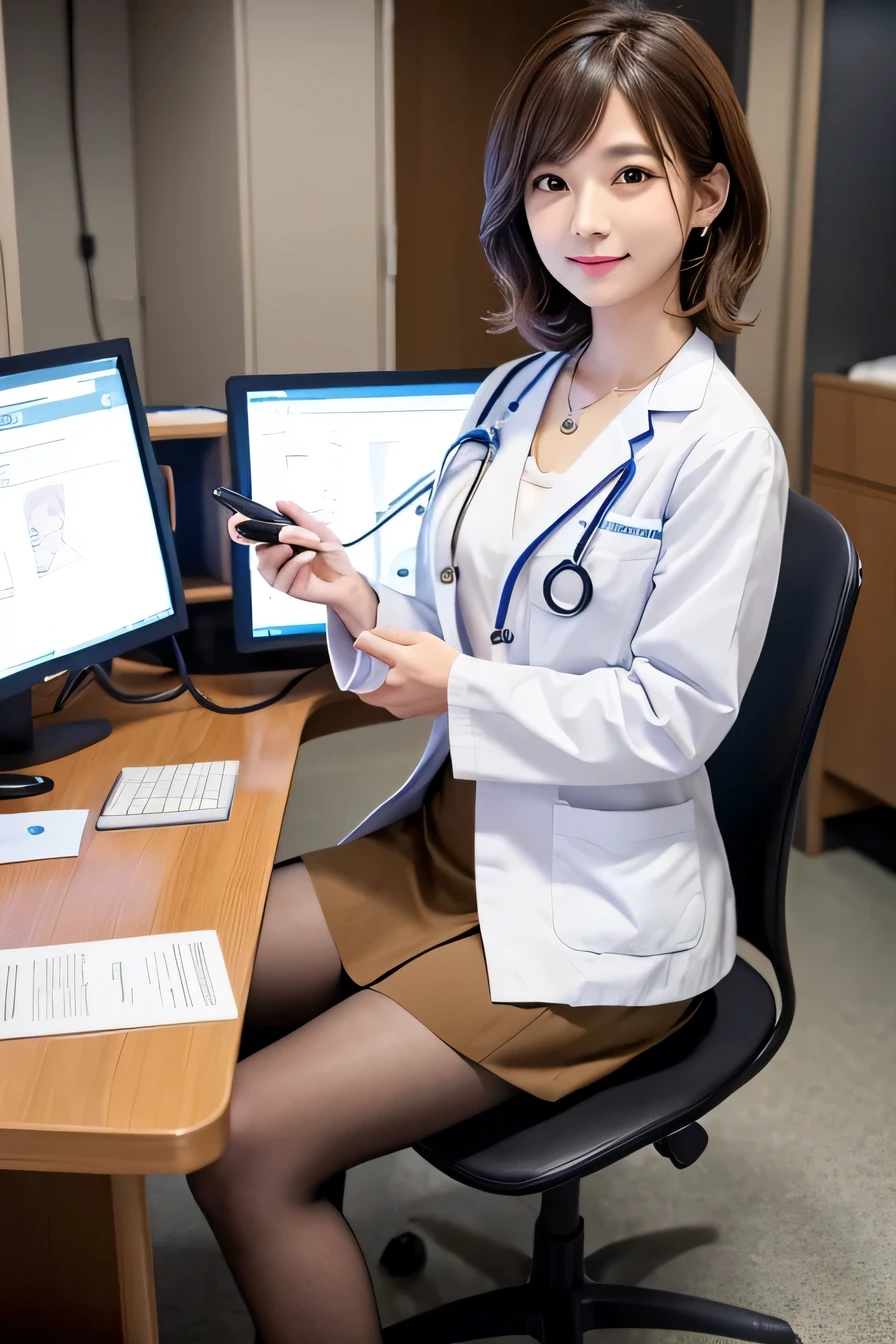 young woman、 Japanese women、Light brown hair、Necklace around the neck、Doctor's attire、Knee-length skirt、tights、pumps、(Full body photo)Stethoscope、、short hair、Wavy Hair、sit in a chair in the operating room、Intricate details, Very detailed:1.2), 、(Full body photo) Looking into the camera,The background is the operating room...、ear piercing