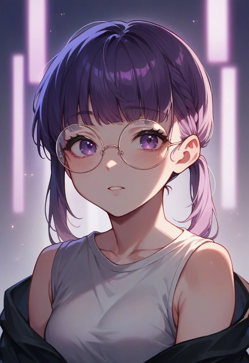Make a simple Chinese teenager, with long straight hair, black and with 2 PURPLE LIGHTS ON THE FRINGE, and she with round glasses.
