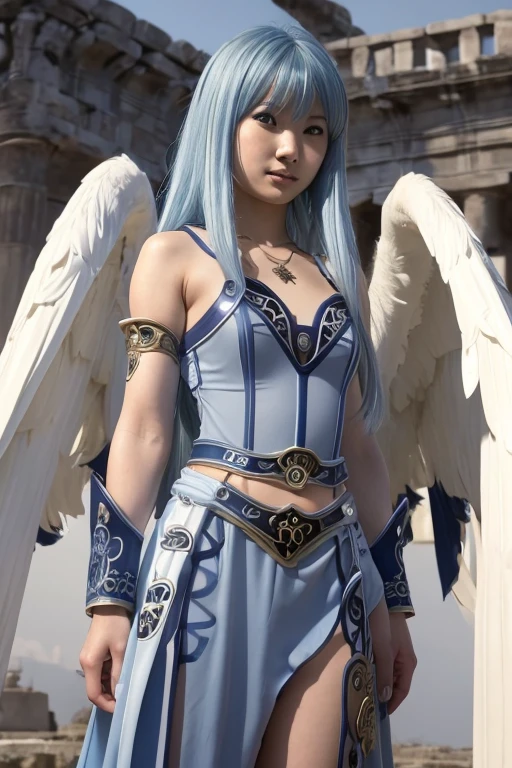 Japanese girl, masterpiece, high quality, (blue hair:1.4), long hair, cute face , glimpse of thighs, glistening, evil smile,angelreah, angel wings, detached sleeves, necklace, roman temple, (groin:1.4) , looking at viewer,