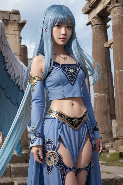 Japanese girl, masterpiece, high quality, (blue hair:1.4), long hair, cute face , glimpse of thighs, glistening, evil smile,angelreah, angel wings, detached sleeves, necklace, roman temple, (groin:1.4) , looking at viewer,