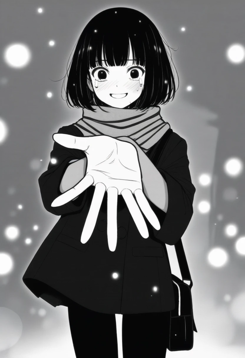 masterpiece, best quality, 1girl, mamerakkkkko, grayscale, manga style, japanese, chi no wadachi, black eyes, street, iced, black hair, schoolbag, smile, lineart, black coat, black scarf, black pleated skirt, leggins, centered, 18 years old, tall, fair skinned, bokeh background, crying, tears, tears streaming, bob cut, light particles, centered, snowing, (((reaching out a hand to viewer)))
